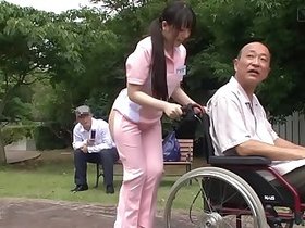Subtitled bizarre Japanese half naked caregiver outdoors