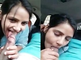 Desi's shy girlfriend sucks cock in MMS car