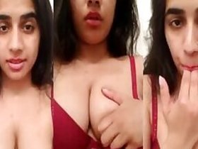 Cute Desi slut rubs her XXX snatch with her fingers and licks the juice out of her teenager's pussy