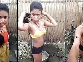 The cutie was caught washing her body outdoors in a Desi mms clip filmed by her lover